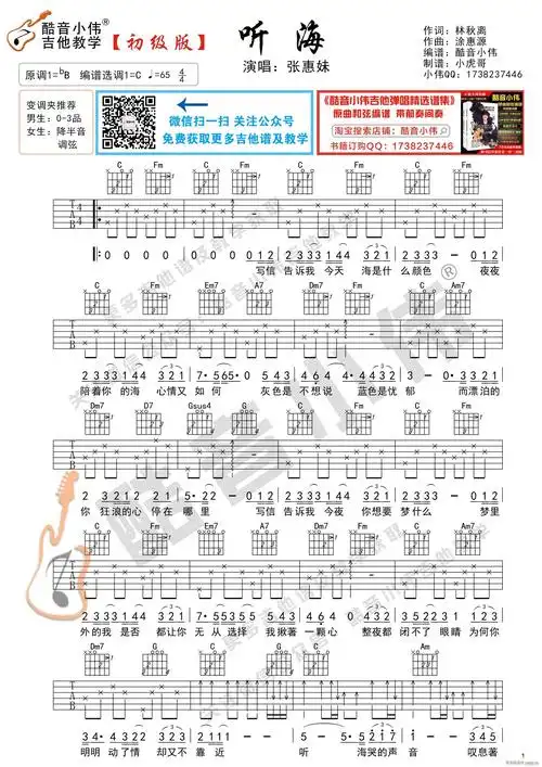 《听海》 初级版 吉他弹唱教学 张惠妹 歌谱简谱网