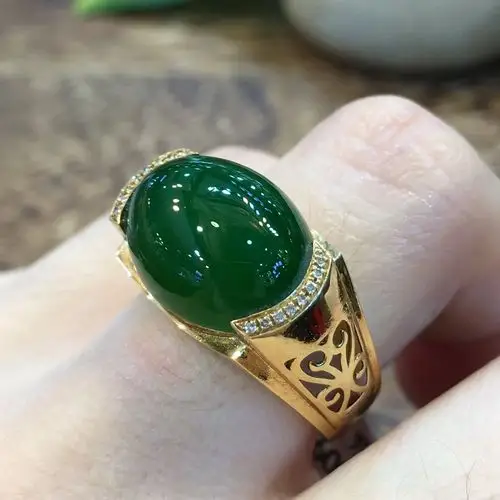 鼠年新款天然新疆和田玉镶嵌18k金戒指男碧玉金镶玉指环送爸爸福