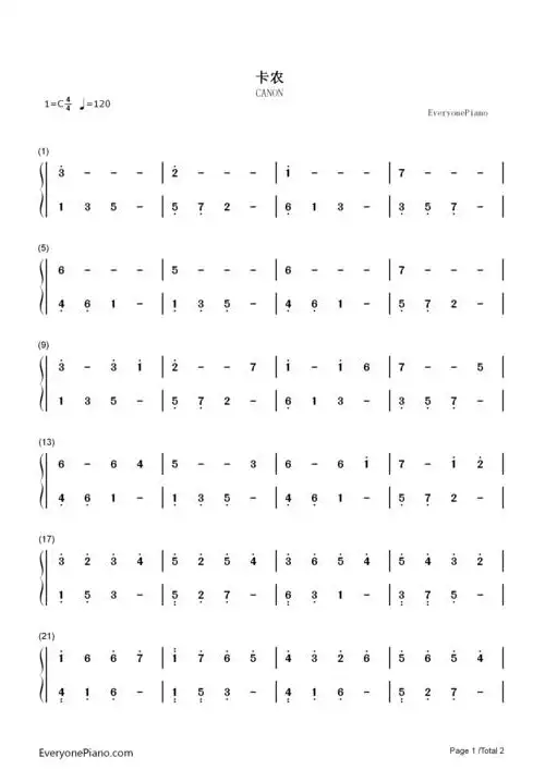 卡农canonc大调初学者版双手简谱预览1