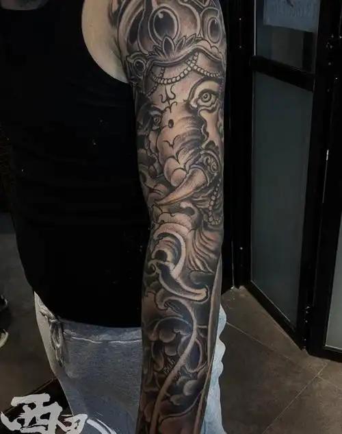 新传统象神花臂纹身图片_手臂手部新传统老传统纹身图案