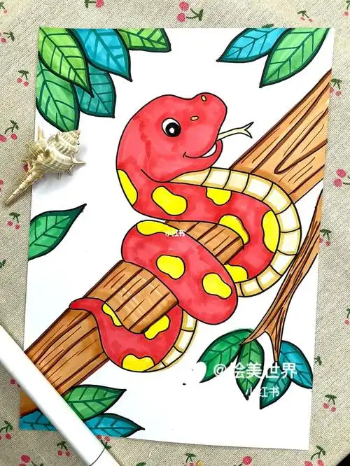 马克笔低龄儿童画,蛇小龙#创意美术儿童画  #儿童创意画  #马克笔儿童