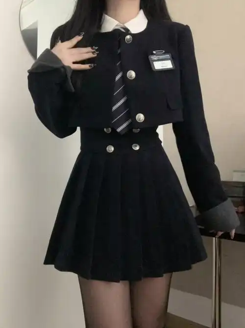 韩国学院风套装女短款西装外套jk制服裙春夏高腰显瘦百褶裙三件套