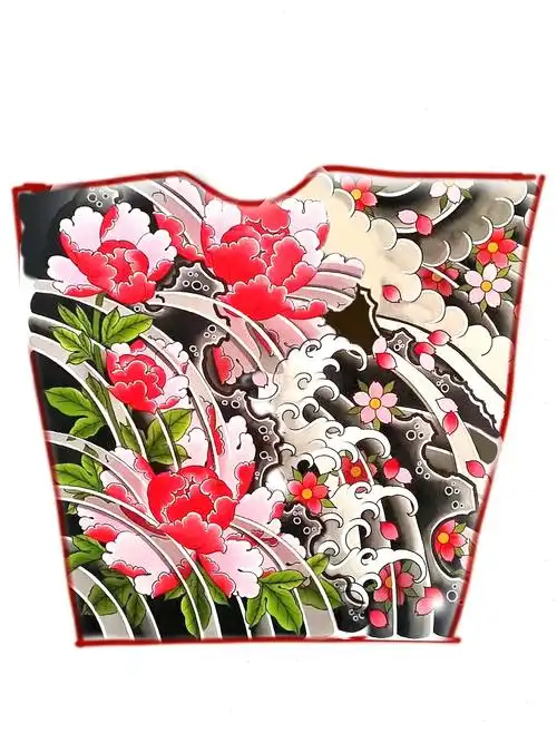 牡丹老传统包小腿上身效果##纹身手稿  ##包小腿手稿 ##老传统包小腿