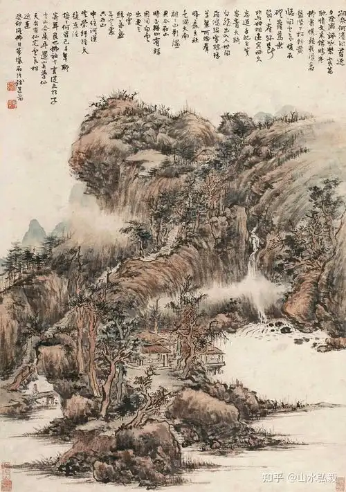髡残深得宋元山水画精髓其秃笔渴墨用笔就是如此