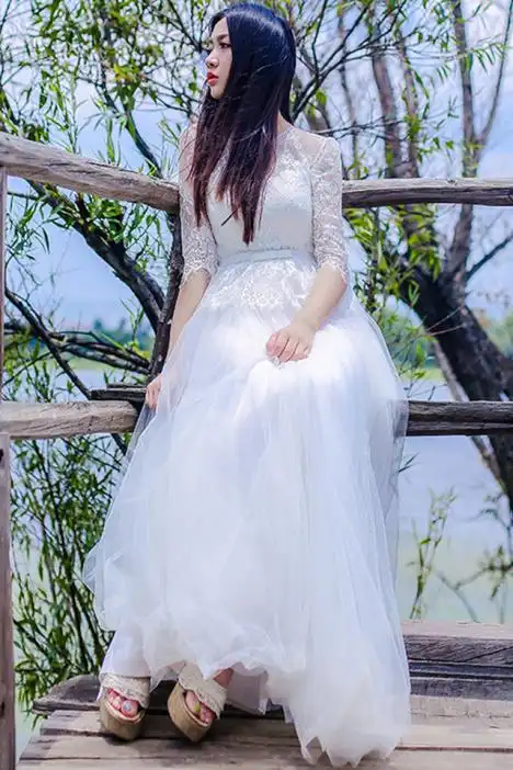 小鱼随心 原创 白纱梦缘 蕾丝网纱仙女大摆连衣裙