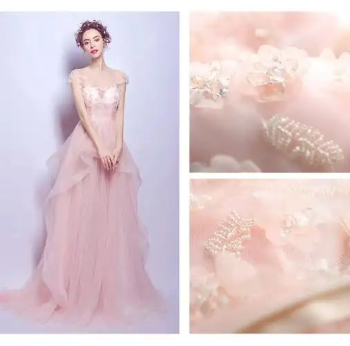 粉色水晶花朵新娘结婚长款婚纱礼服