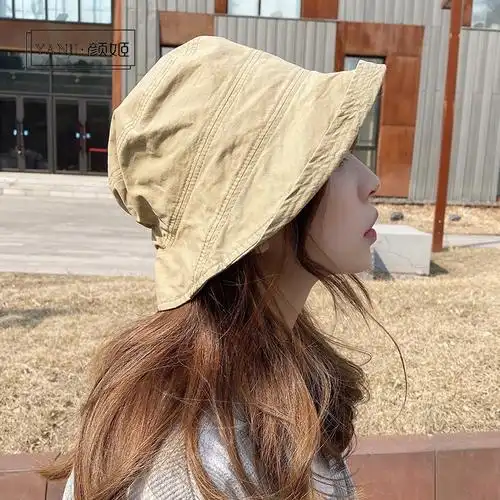 帽子女韩版日系水洗棉大檐渔夫帽夏季遮阳防晒复古百搭遮阳盆帽潮帽子