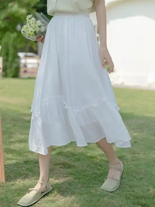 ootd夏季白色半身裙高腰显瘦百搭中长裙