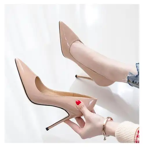 女士细高跟时尚单皮鞋黑色高跟鞋女细跟性感百搭法式少女红色漆皮尖头
