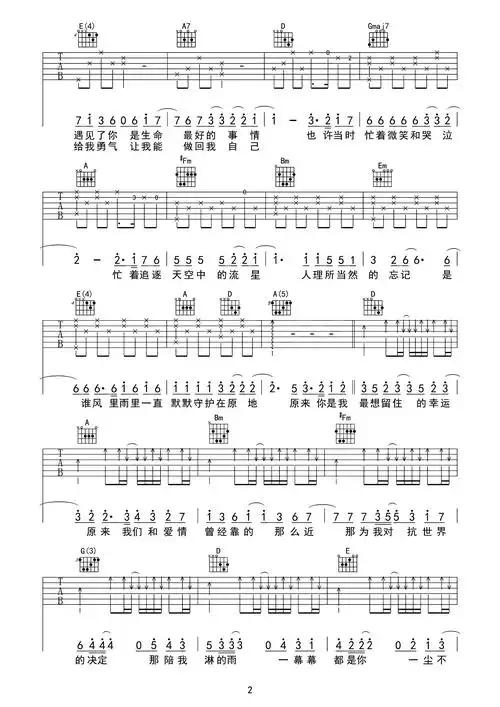 小幸运(吉他六线谱)简谱歌词