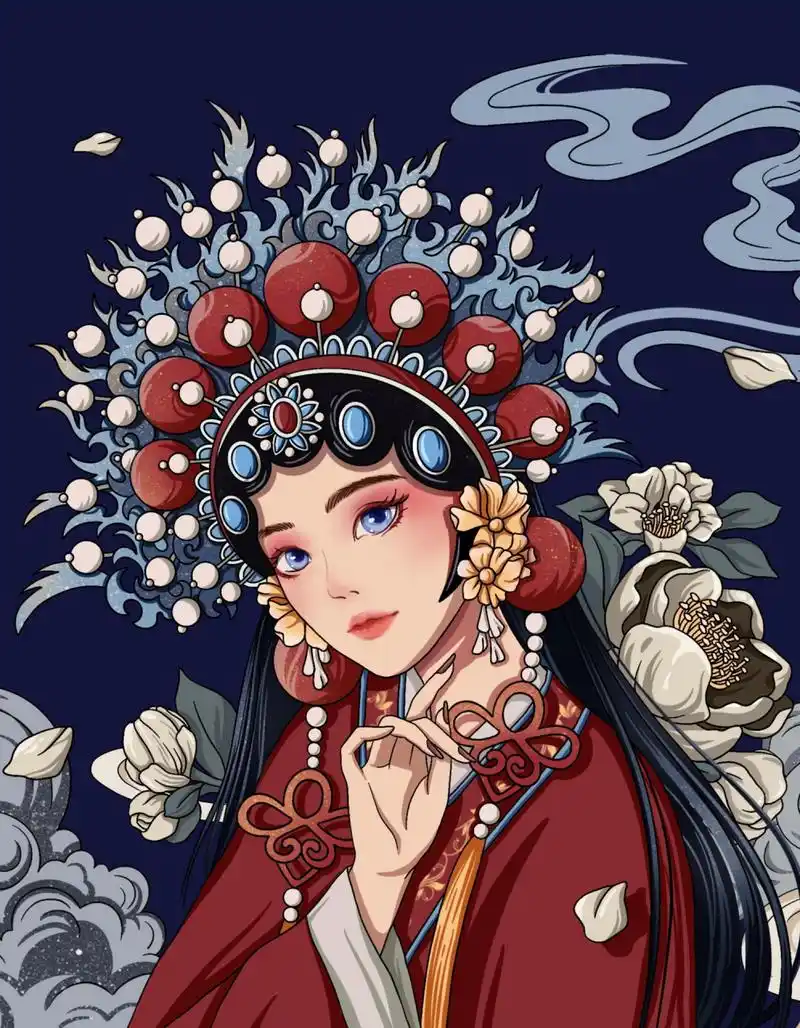 国潮风/手绘戏剧人物插画 国潮来袭 ～ 京剧凤冠也太好看了