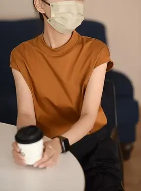 日系通勤风橘棕色匹马棉圆领无袖t恤 直筒瘦肩常规背心鱼宝贝自制