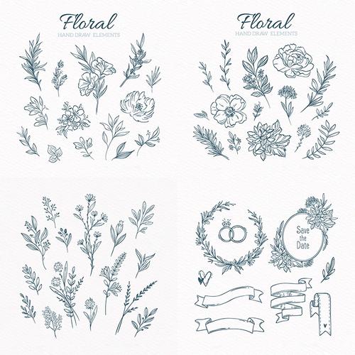 手绘植物 清新线描叶子绿植装饰纹样 ai格式矢量设计素材