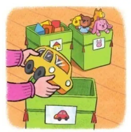 4.装完所有的玩具后,将收纳筐整齐地摆放在一起.