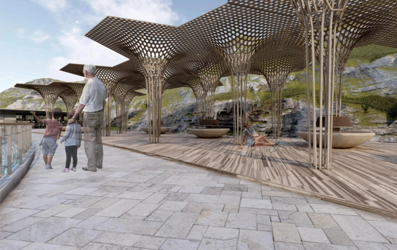 长廊位于图书馆后侧至行政楼旁,基础框架建造已经完工,进入创意策划