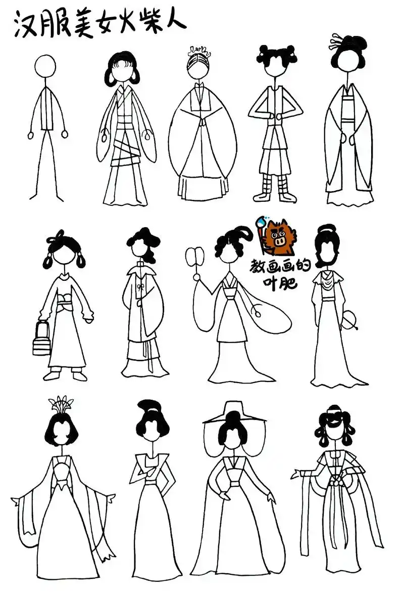 古装汉服美女火柴人,创意儿童画简笔画教程.