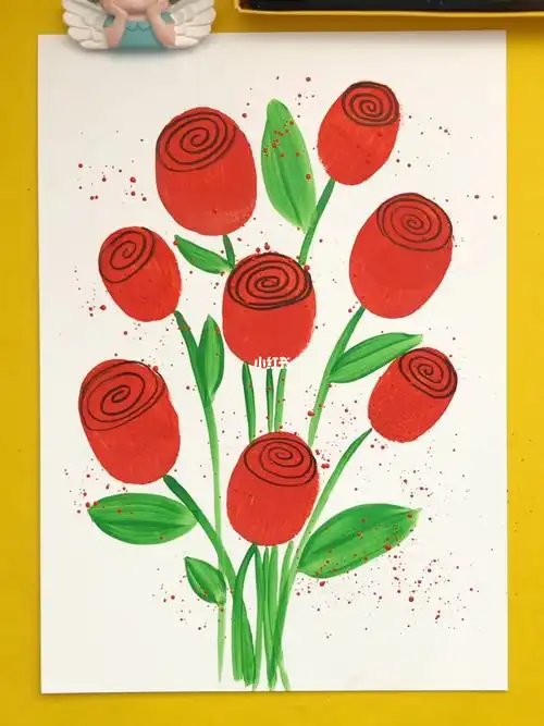 三十秒教你学会画520玫瑰花儿童水粉画