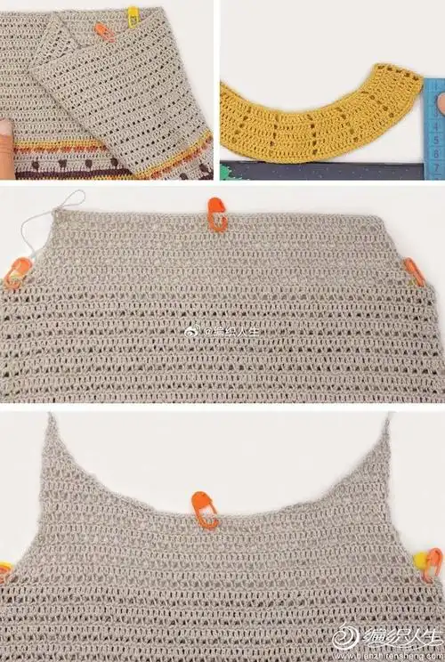 一款简单可爱的钩针底边拼花拼色圆领背心裙