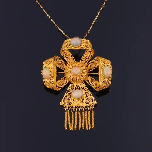 【欧洲皇室古董珠宝】欧泊15ct/19世纪古董黄金掐丝套装