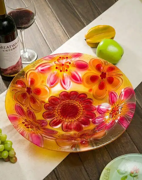 3d立体浮雕14英寸手绘热熔玻璃果盘