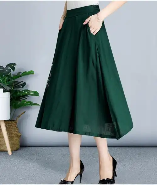 中老年半身裙夏款妈妈夏装五十岁气质宽松大码棉麻夏季女装亚麻跳舞裙