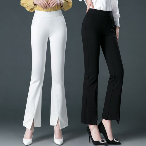 秋季女士白色微喇休闲裤四面弹力修身显瘦开叉鱼尾裤秋天喇叭裤子