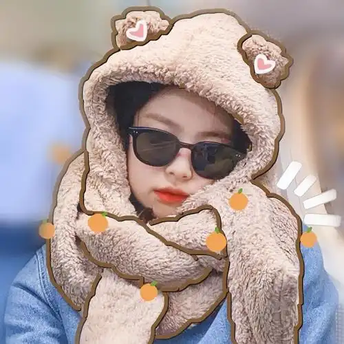 jennie同款小熊帽子女冬季围巾手套一体护耳朵围脖羊羔毛绒保暖帽