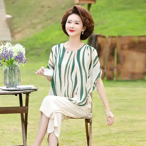 中老年人女装夏装套洋气雪纺短袖两件套妈妈装阔太太上衣服宽松女