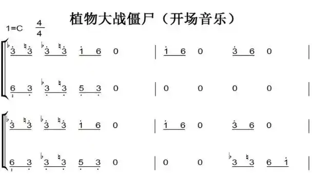 植物大战僵尸(开场音乐)初学者简易版 钢琴双手简谱 钢琴谱 钢琴简谱