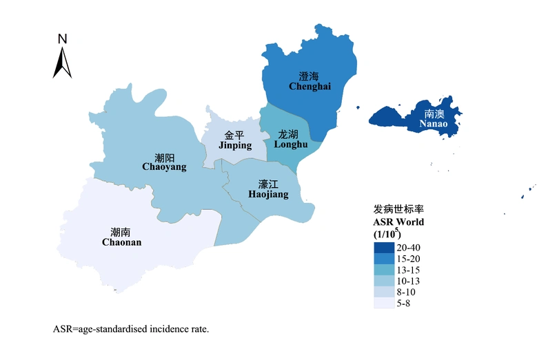 2018年广东省汕头市食管癌发病率地域分布特征(mis-cass报告显示,汕头