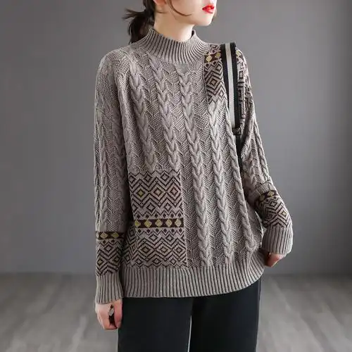 代勒秋冬新款【提花螺纹毛衣】复古半高领宽松长袖棉线针织上衣女
