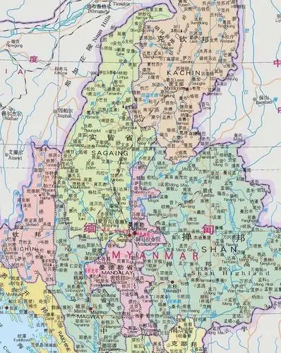 曼德勒(中心红点 底侧的彬马那即现在的缅甸首都内比都)