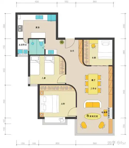 利用原始户型客餐厅进深较长的优势,把公共空间北侧区域作为外公卧室