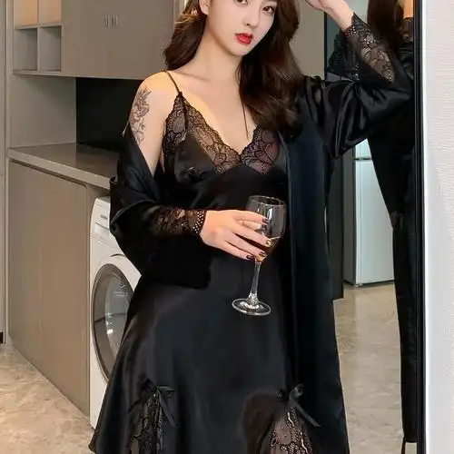 特大码胖mm300斤睡衣女吊带性感蕾丝睡裙女家居黑色睡衣套装女秋