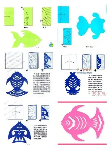 老师又给同学们提供了一些鱼的剪法,记住一定用对称形的剪纸方法剪哦!