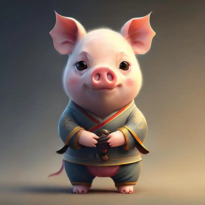 一个超可爱的小拟人猪在中国汉服皮克斯风格,站立,可爱的尾巴,超逼真