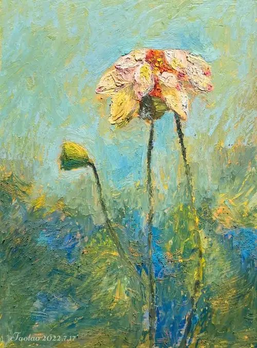 油画棒279荷花送凉大巧若拙刮刀练习22