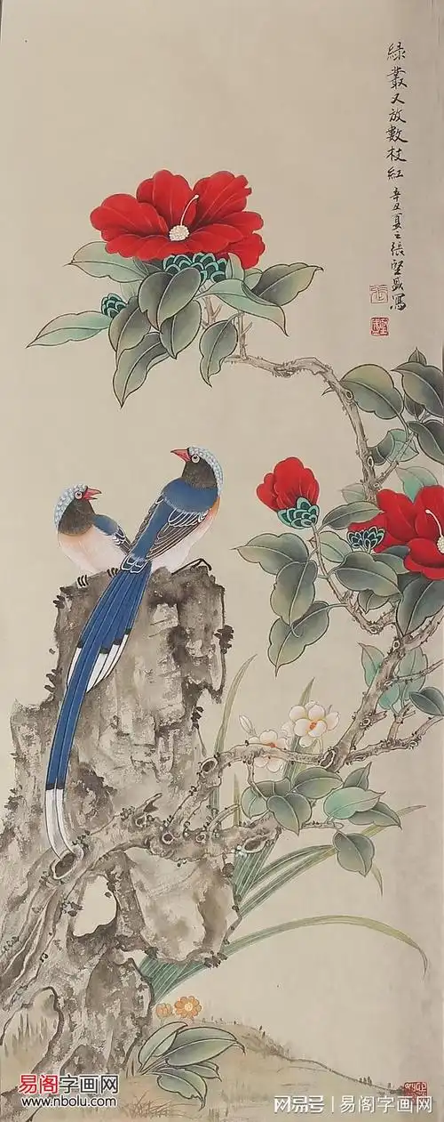 张坚盛工笔花鸟画山光悦鸟性潭影空人心