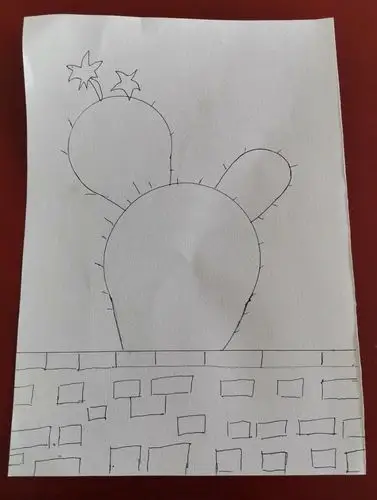 第三步骤:给仙人掌添上刺,给花台画上大小不同的长方形.