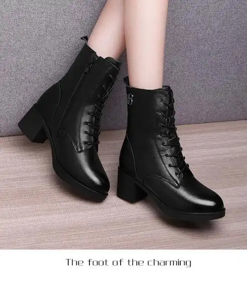 牛皮短靴女冬季新款女鞋子冬鞋粗跟中跟马丁靴女棉皮鞋皮靴加绒棉鞋棉