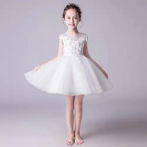 女童礼服公主裙儿童走秀蓬蓬纱白色花童婚纱小主持人钢琴演出服夏