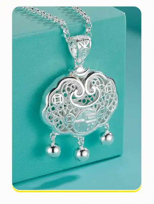 长命锁婴儿 镂空花丝长命锁 宝宝平安锁 吊坠儿童银锁满月项链 承福花