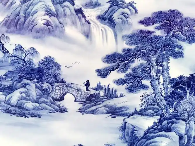 青花瓷山水瓷板画湖光山色