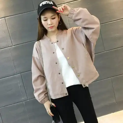外套女春秋季bf风韩版宽松纯色单排扣口袋短款外套女夹克棒球服薄
