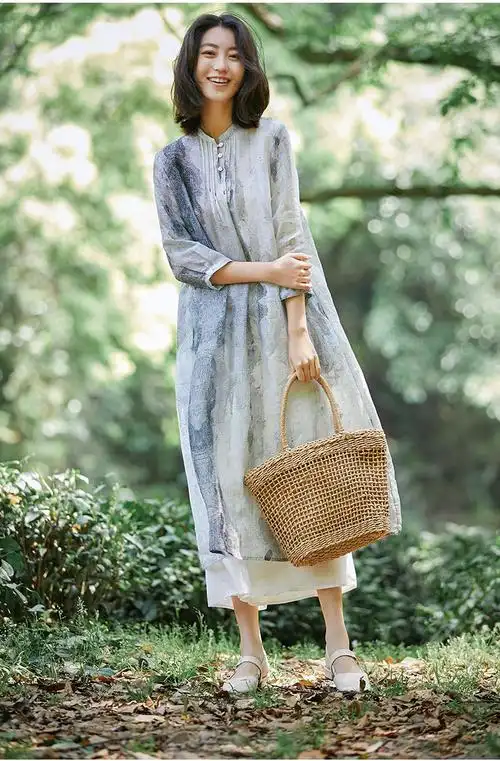 原创品牌2022新款民族风苎麻连衣裙女高端中长款宽松高品质长裙