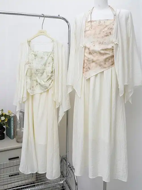 实拍禅意素衣汉服江南穿搭女 新中式挂脖吊带连衣裙 防晒罩衫套