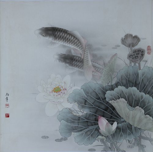 工笔画底稿路雨年荷花鲤鱼斗方参考白描13打印稿宣纸稿本店拷贝稿