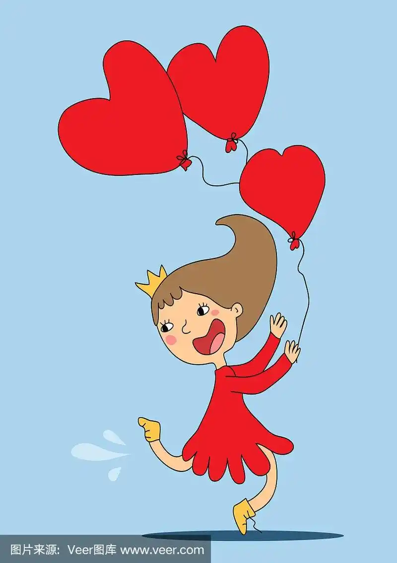 有趣的卡通女孩是快乐的,和气球心跑.矢量图