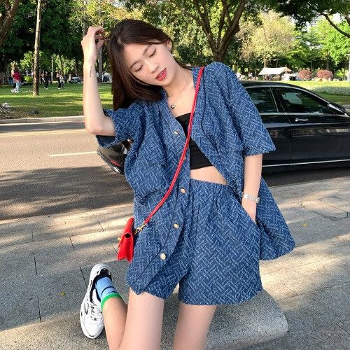 穿搭套装胖mm胖妹妹大码夏装盐系炸街夏季牛仔 两件套 l(建议100-120