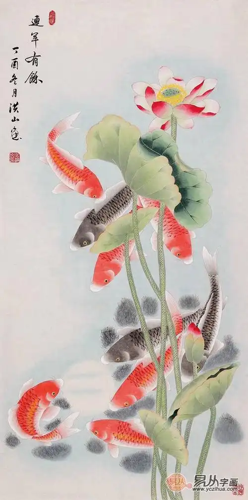 张洪山竖幅九鱼聚财图新作《连年有余》(作品来源:易从网)